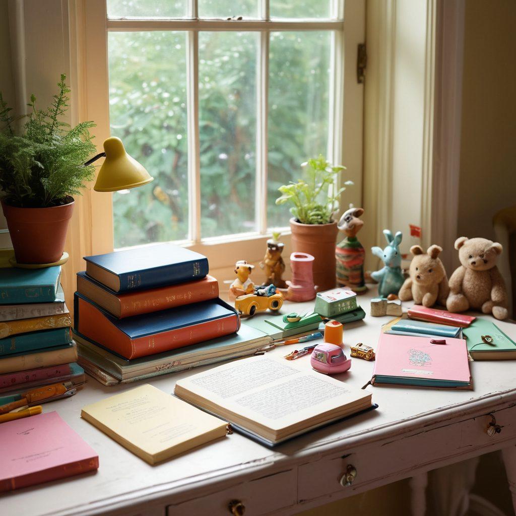 A cozy, sunlit room filled with charming boyhood artifacts such as vintage toys, colorful books, and playful decor. A whimsical writing desk adorned with stationery and a laptop, symbolizing the blogging aspect. Soft pastel colors with elements of nature peeking through the window, creating a warm and inviting atmosphere. The scene should evoke a sense of creativity and adventure for boys, highlighting their unique charm. vibrant colors. super-realistic.