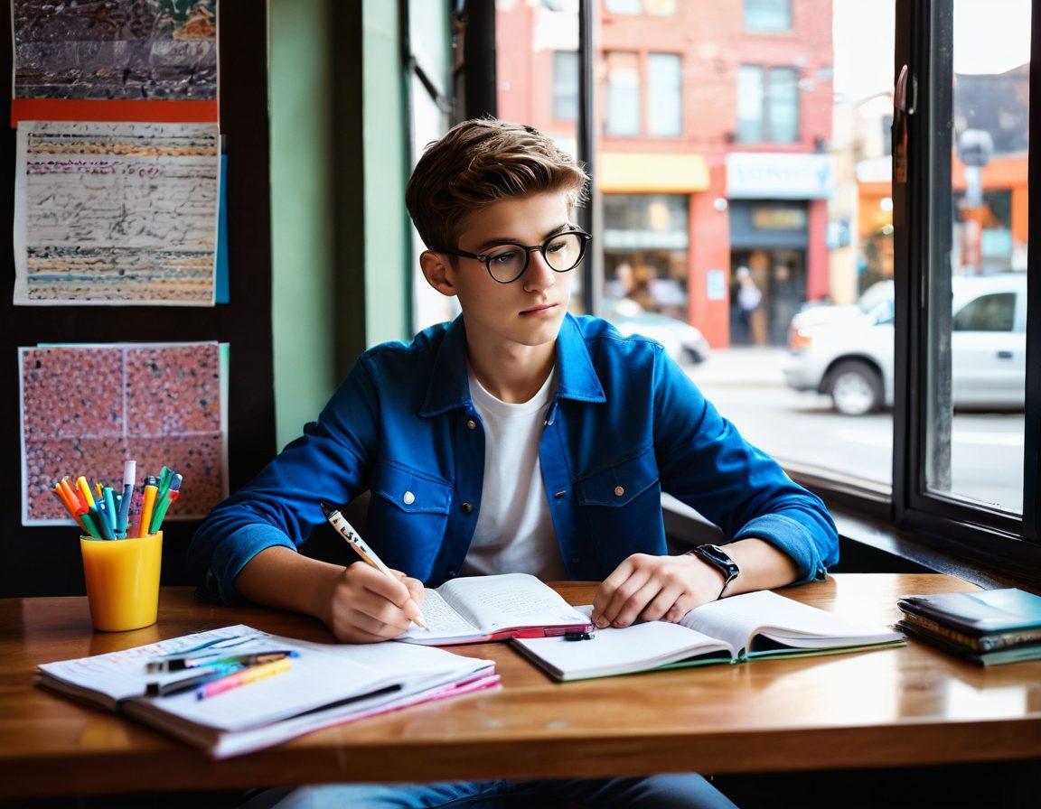 A stylish boy sitting in a trendy urban cafe, surrounded by stylish notebooks and colorful pens, deeply immersed in writing in a personal journal. The scene captures the essence of boy culture, featuring elements such as fashion magazines, a vintage camera, and a lively cityscape seen through the window. Incorporate vibrant colors and playful patterns to evoke creativity and inspiration. super-realistic. vibrant colors. urban setting.