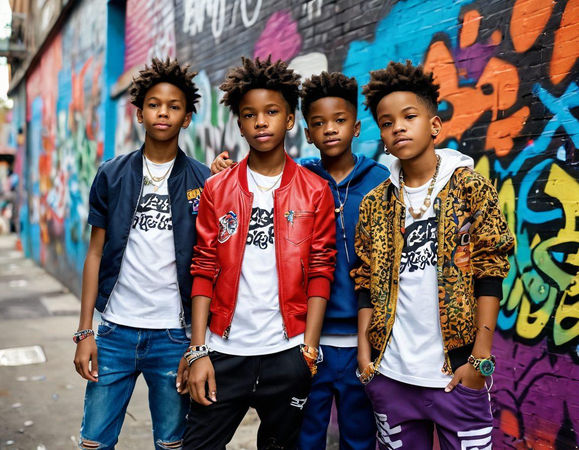 A vibrant street scene showcasing diverse young boys in stylish outfits, expressing their unique personalities through fashion, graffiti-covered walls in the background, and an array of colorful accessories. Capture the energy of boy culture with playful interactions and a sense of adventure in their expressions. super-realistic. vibrant colors. urban setting.